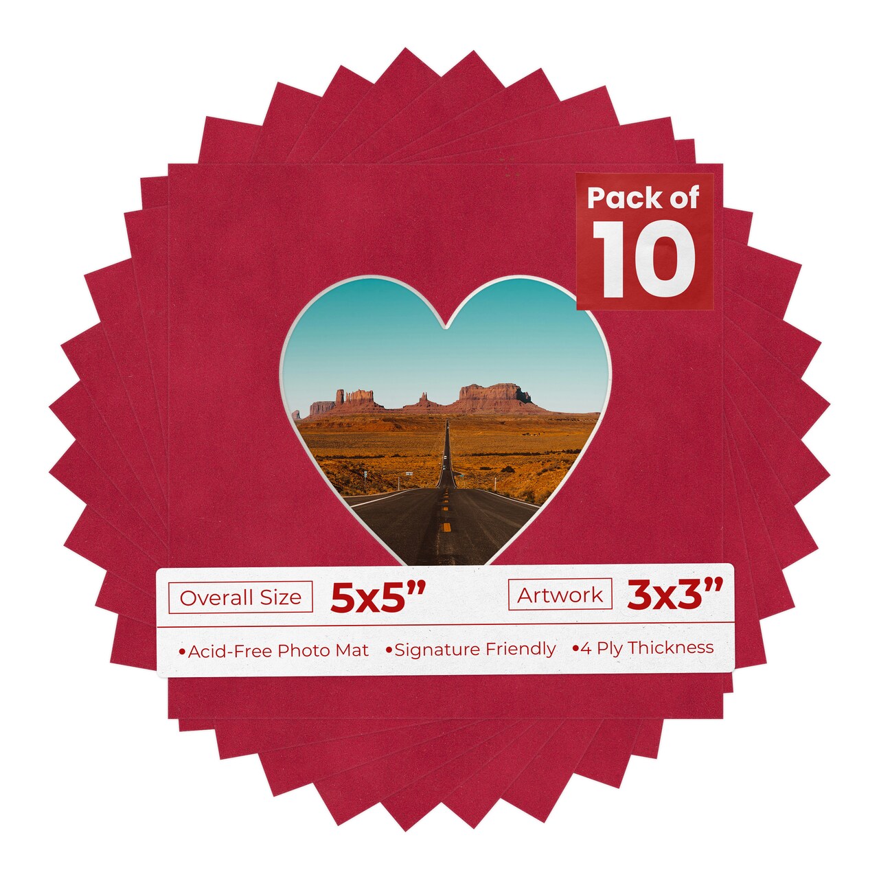 Red Suede Mat Board for 5x5 Inch Frames - Heart Opening for 3x3 Photos